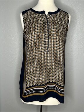 Sleeveless Printed Shell Top - Navy & Gold